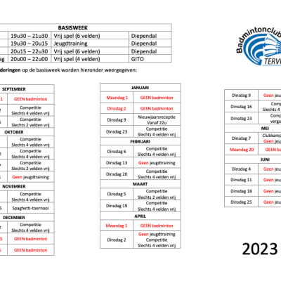 Info speeluren nieuw badmintonseizoen